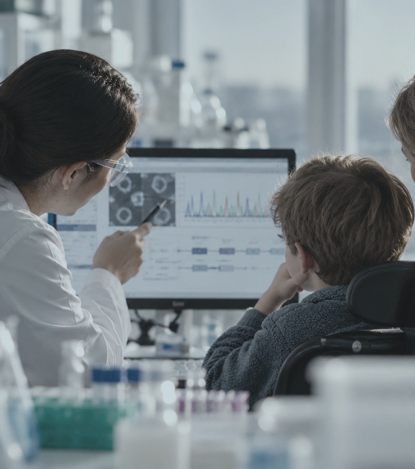 Researcher showing a young patient genetic data on a screen